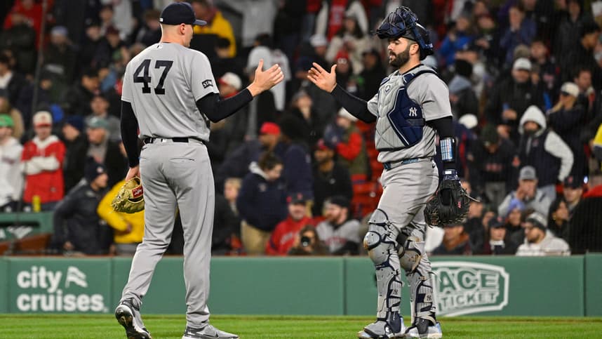 Brent Headrick celebrates a Yankees win over the Red Sox