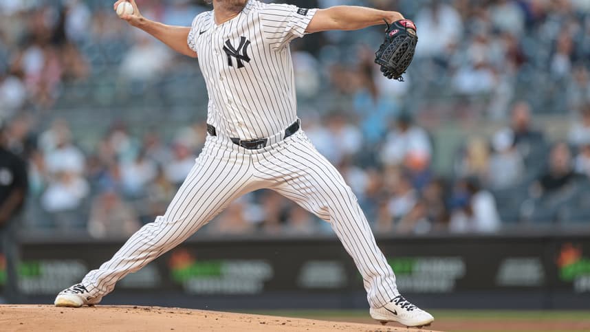 Gerrit Cole delivers a pitch for the Yankees during a 2026 start at Yankee Stadium