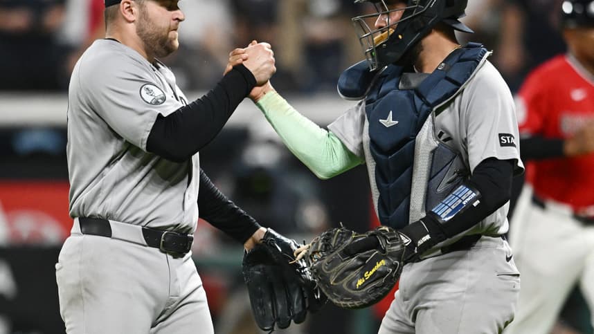 David Bednar celebrating a Yankees win with teammates