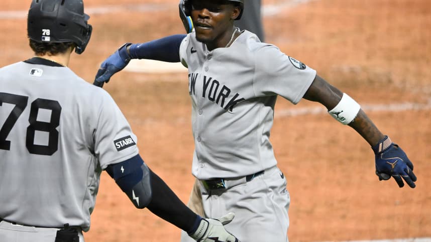 Jazz Chisholm Jr. celebrating a home run for the Yankees