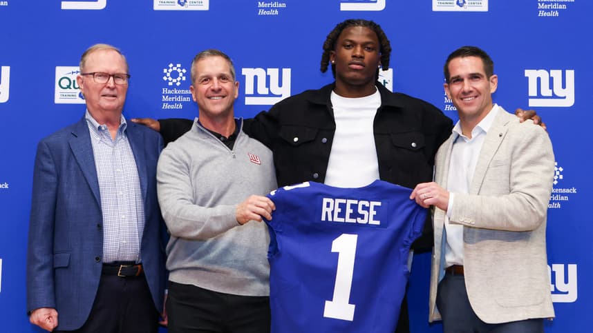 Joe Schoen and John Harbaugh at a Giants draft press conference