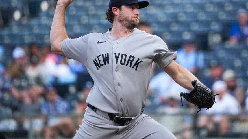 Gerrit Cole pitches for the Yankees in Kansas City