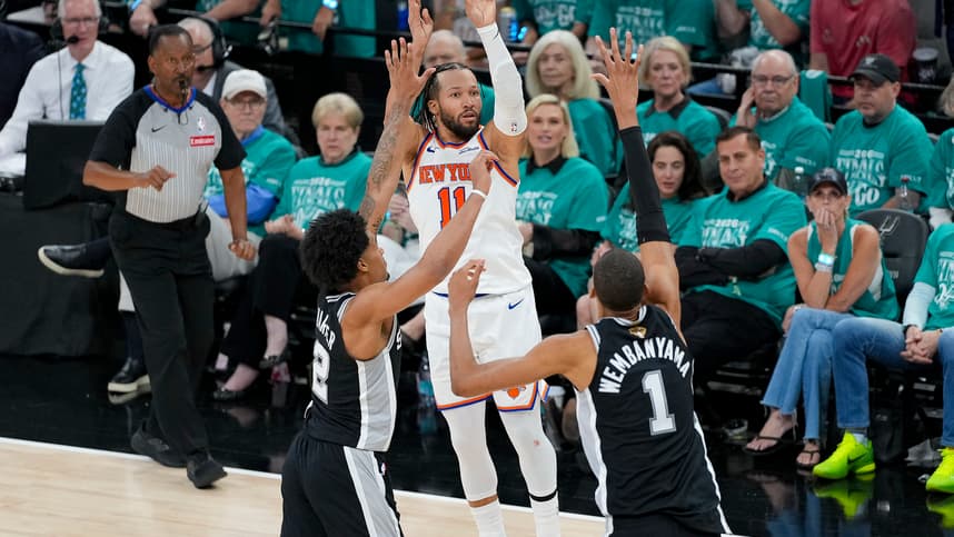 Jalen Brunson shoots over Victor Wembanyama during Knicks-Spurs Finals action