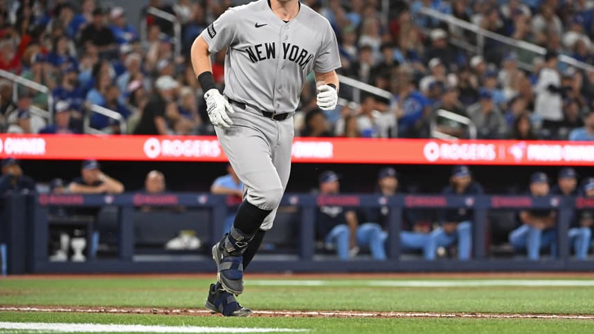 Ben Rice reacts after a home run for the Yankees in Toronto