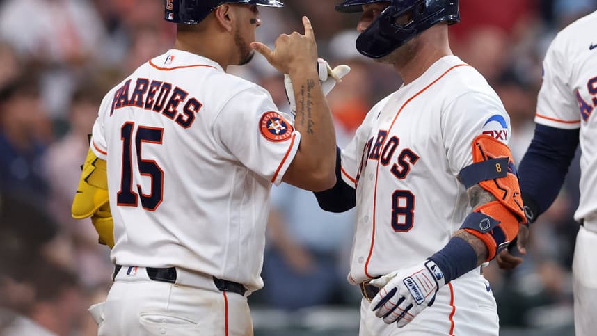 Isaac Paredes bats for the Astros against Milwaukee