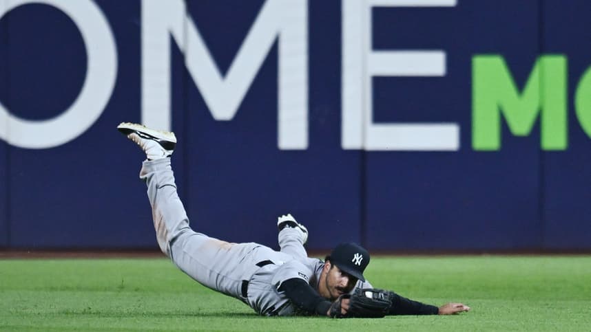 Trent Grisham diving in center field for the Yankees