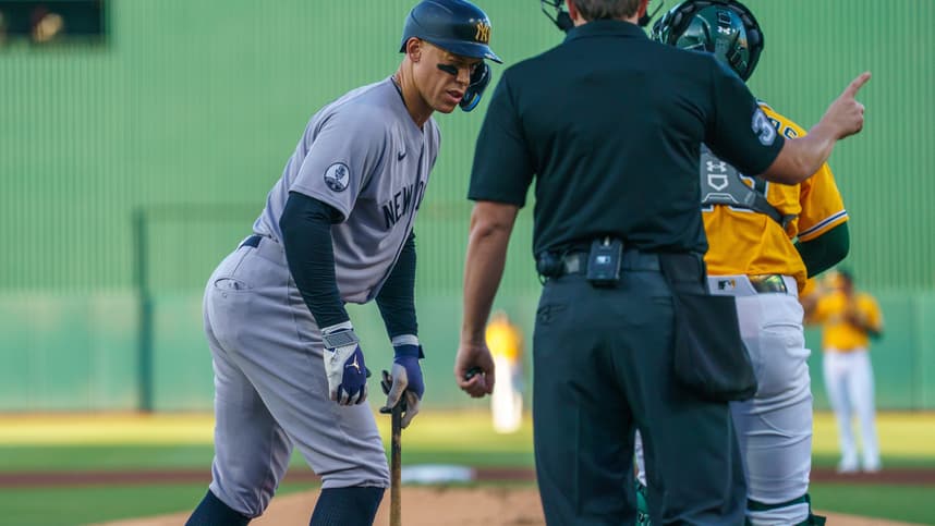 Aaron Judge comes up to bat for the Yankees against the Athletics