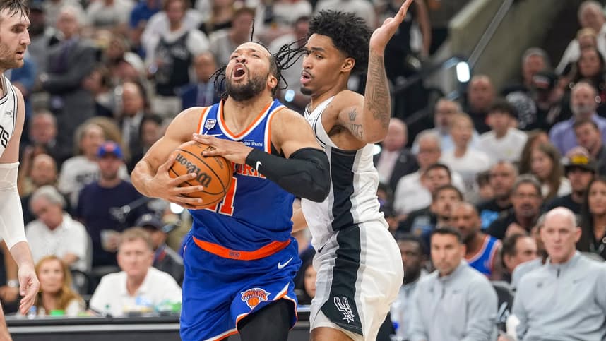 Jalen Brunson drives during Knicks-Spurs Finals action