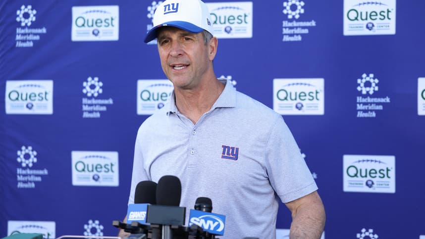 John Harbaugh speaks after Giants minicamp practice