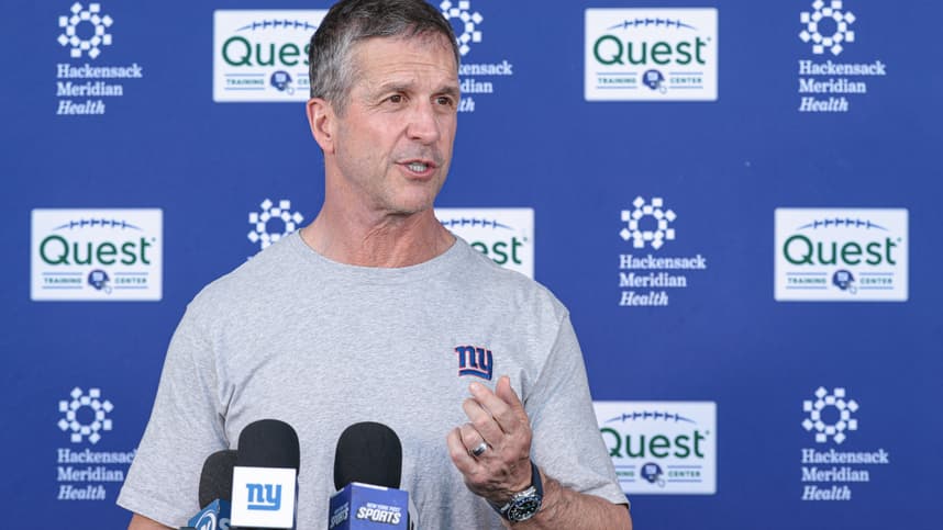 John Harbaugh talking with media after Giants practice