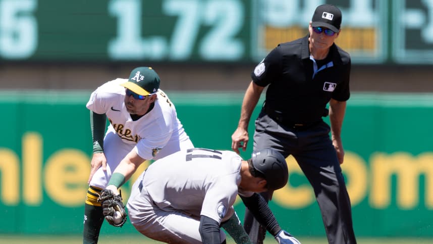 Anthony Volpe steals second base for the Yankees against the Athletics