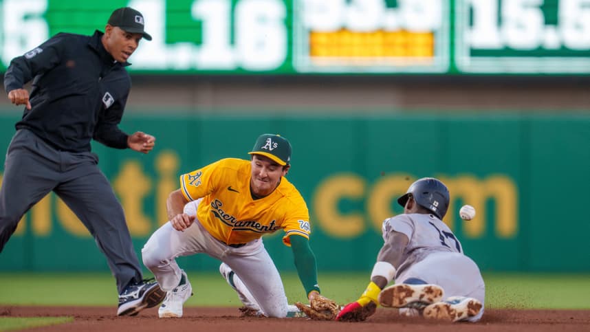 Jazz Chisholm steals second base for the Yankees against the Athletics