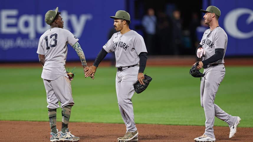 Trent Grisham celebrating with a Yankees teammate