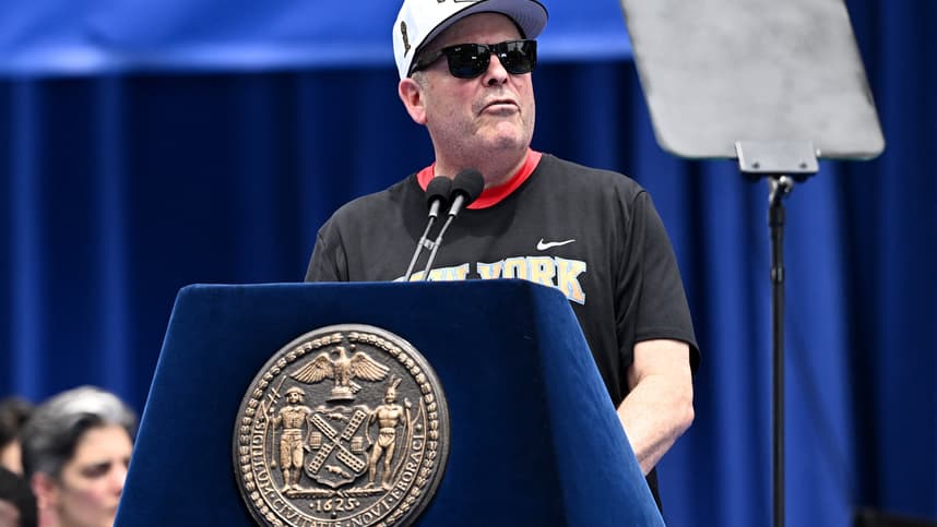 Leon Rose speaking during the Knicks championship parade