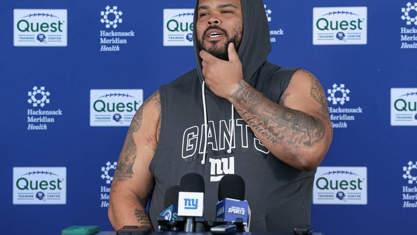 Jermaine Eluemunor speaks after Giants organized team activities