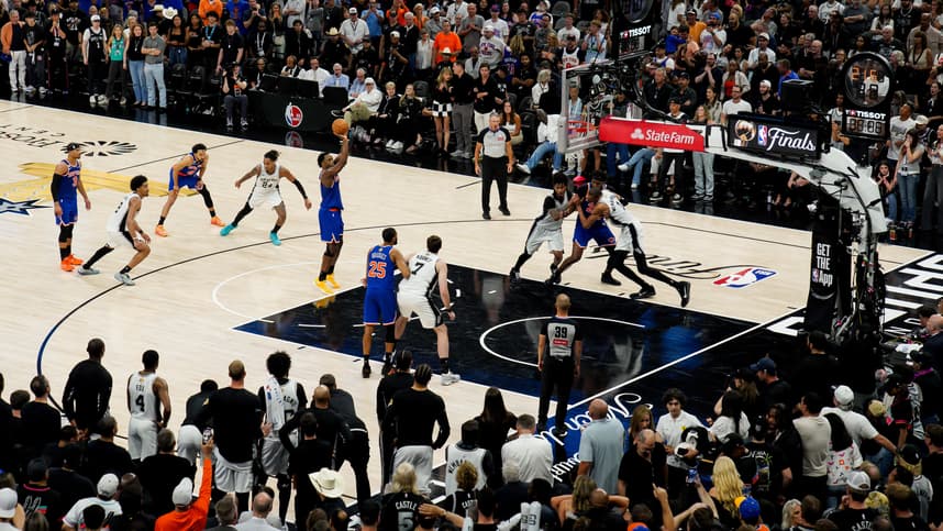 OG Anunoby shoots a free throw for the Knicks in the NBA Finals