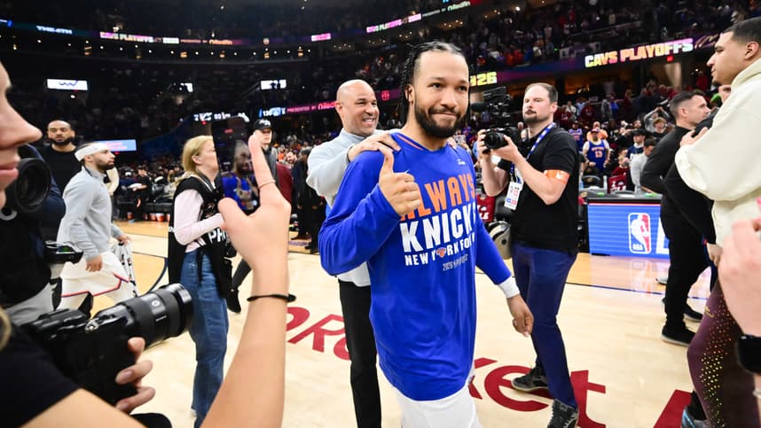 Jalen Brunson reacts after a Knicks playoff win over the Cavaliers