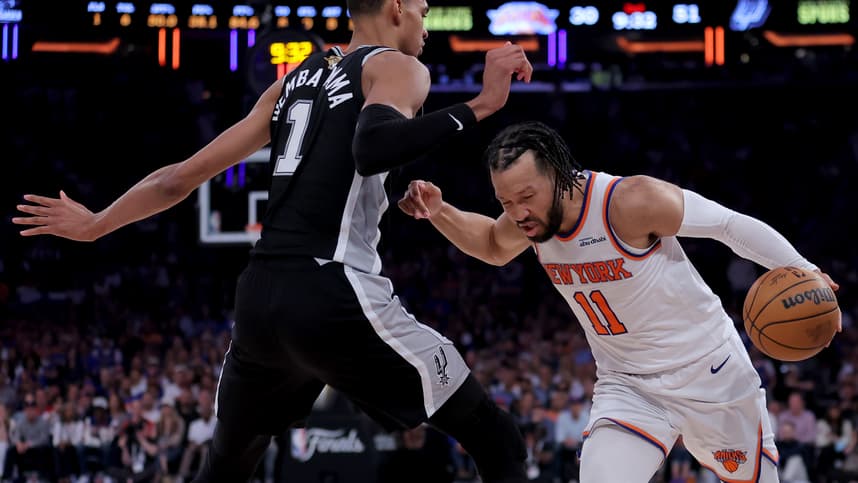 Victor Wembanyama defending Jalen Brunson during the NBA Finals