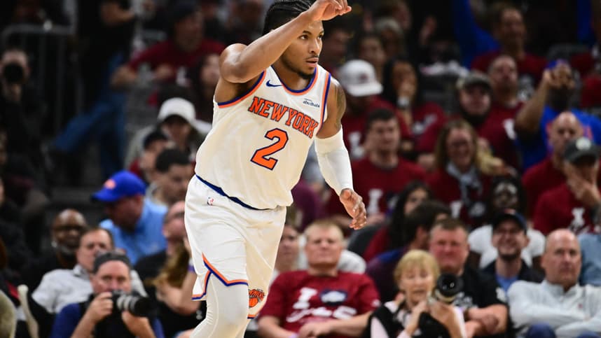 Miles McBride reacting during a Knicks playoff game