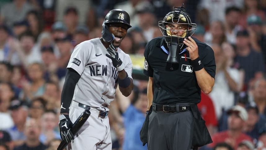 Jazz Chisholm Jr. arguing with an umpire for the Yankees