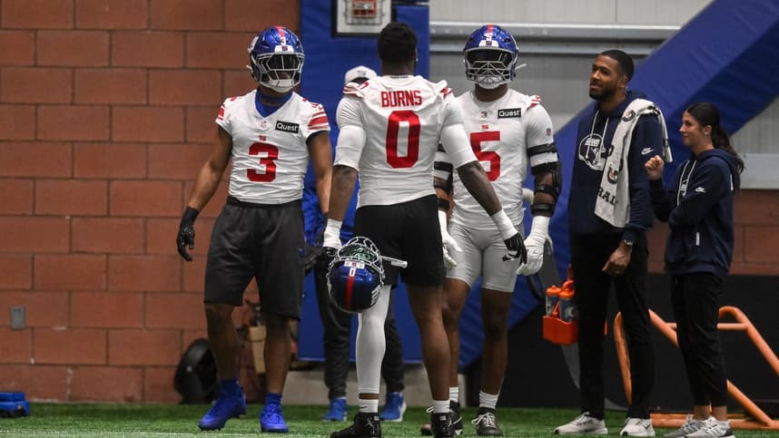 Brian Burns with Abdul Carter and Kayvon Thibodeaux during Giants OTA