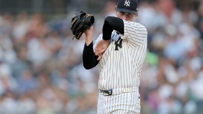 Cam Schlittler reacts during a Yankees start at Yankee Stadium