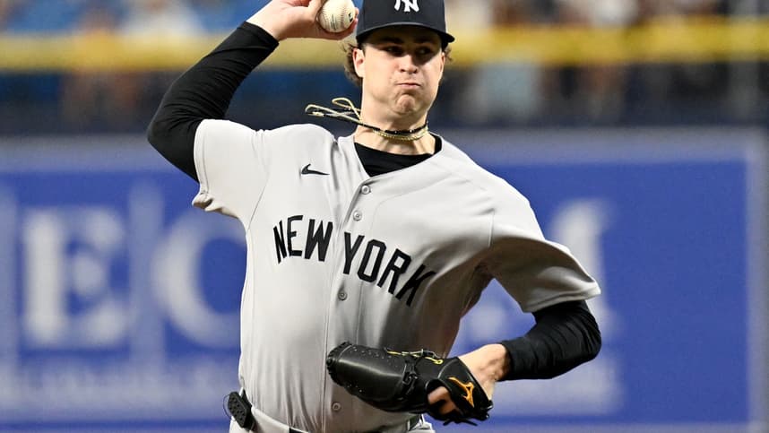 Cam Schlittler throws a pitch for the Yankees against Tampa Bay