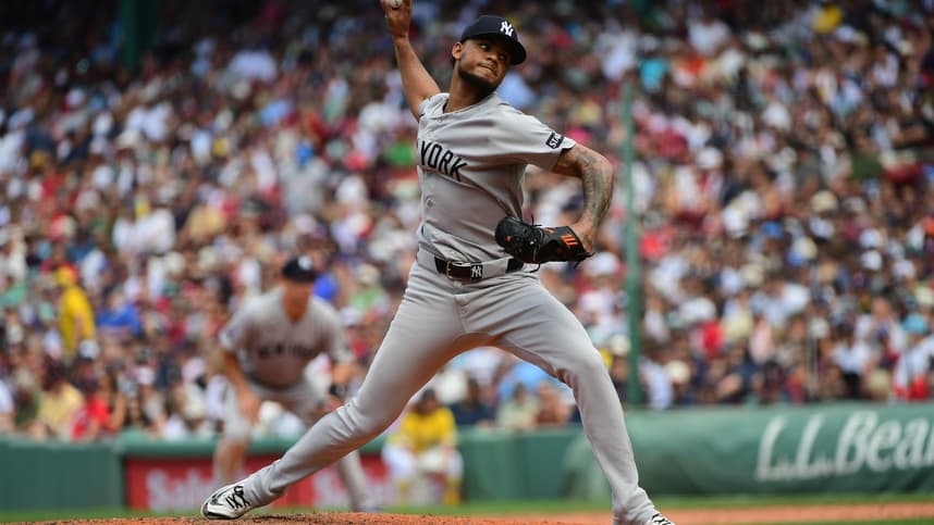 Camilo Doval pitches for the Yankees against Boston