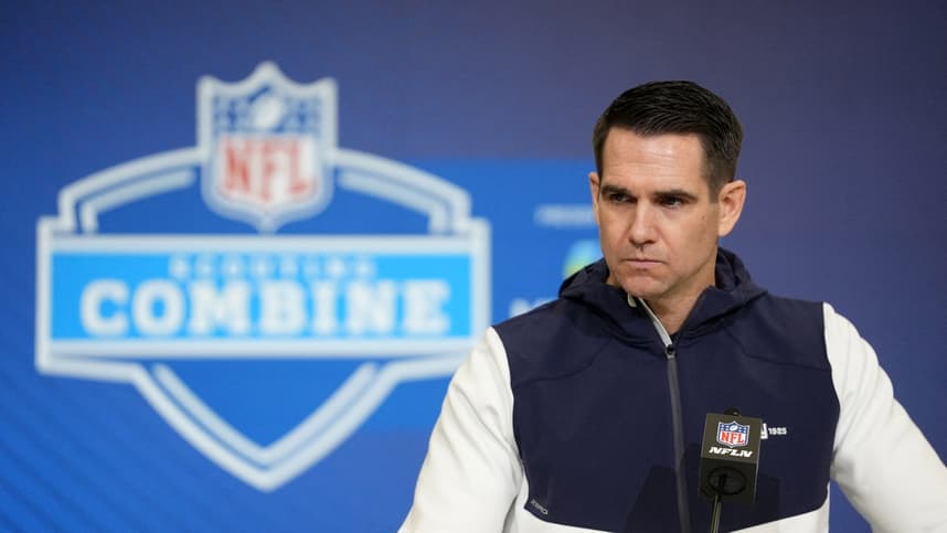Joe Schoen speaks at the NFL Combine for the Giants