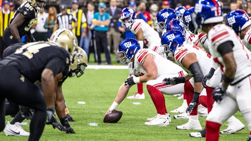 John Michael Schmitz lines up for the Giants against New Orleans