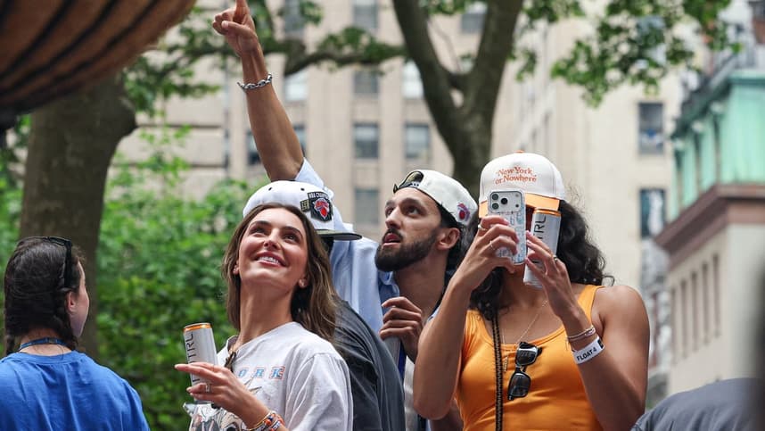 Landry Shamet celebrates during the Knicks championship parade