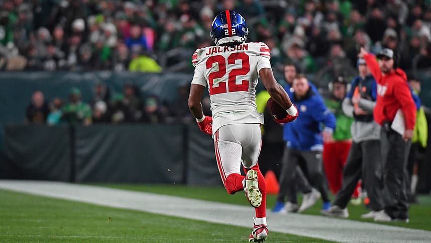 New York Giants cornerback Adoree' Jackson (22) returns an interception for a touchdown against the Philadelphia Eagles during the third quarter at Lincoln Financial Field