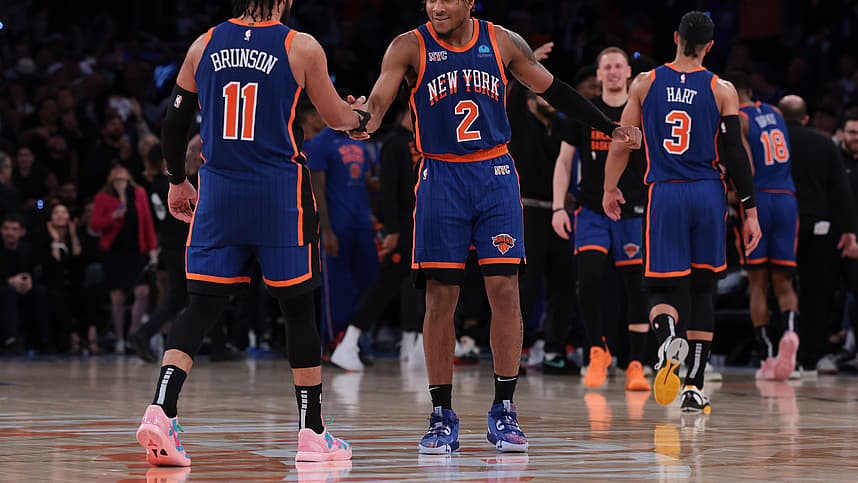 May 14, 2024; New York, New York, USA; New York Knicks guard Miles McBride (2) celebrates with guard Jalen Brunson (11) during the second half during game five of the second round for the 2024 NBA playoffs against the Indiana Pacers at Madison Square Garden. Mandatory Credit: Vincent Carchietta-USA TODAY Sports