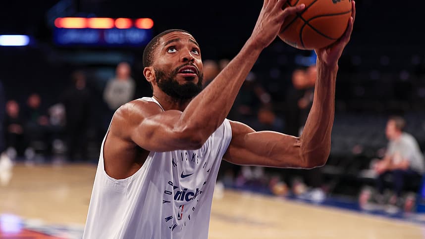 Oct 13, 2024; New York, New York, USA; New York Knicks forward Mikal Bridges (25) warms up before the game against the Minnesota Timberwolves at Madison Square Garden. Mandatory Credit: Vincent Carchietta-Imagn Images