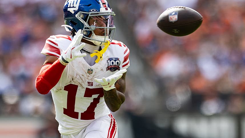Sep 22, 2024; Cleveland, Ohio, USA; New York Giants wide receiver Wan'Dale Robinson (17) catches a pass during the third quarter against the Cleveland Browns at Huntington Bank Field. Mandatory Credit: Scott Galvin-Imagn Images