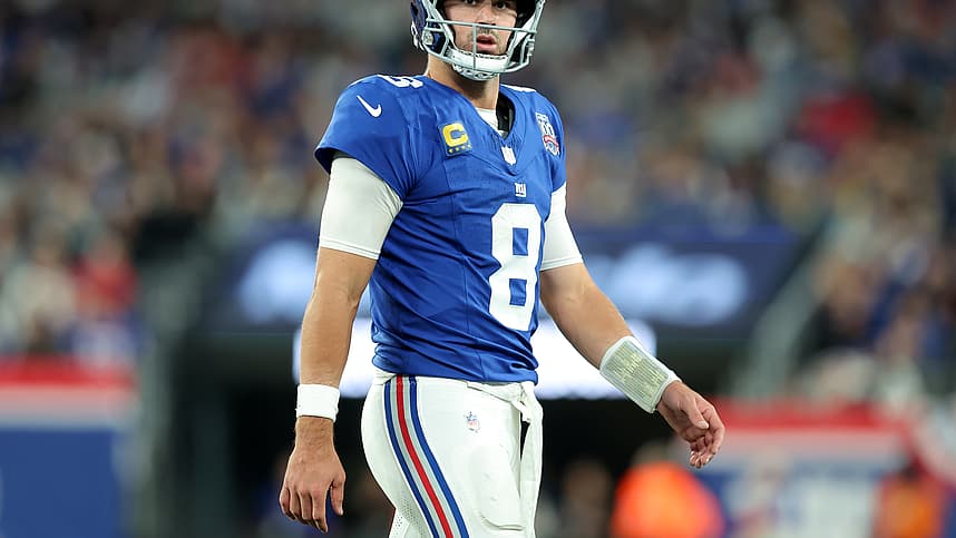 Oct 13, 2024; East Rutherford, New Jersey, USA; New York Giants quarterback Daniel Jones (8) reacts during the third quarter against the Cincinnati Bengals at MetLife Stadium. Mandatory Credit: Brad Penner-Imagn Images