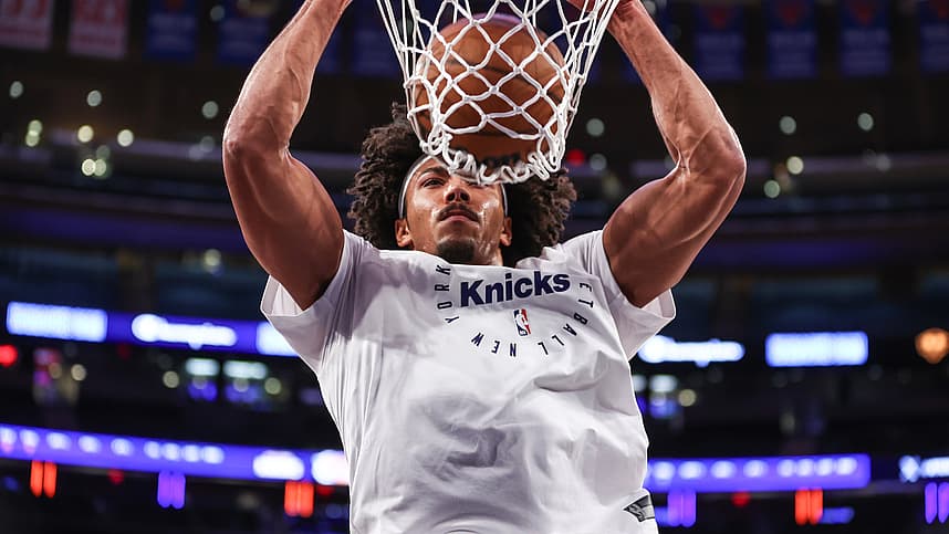 Dec 1, 2024; New York, New York, USA;  New York Knicks center Jericho Sims (20) warms up prior to the game against the New Orleans Pelicans at Madison Square Garden. Mandatory Credit: Wendell Cruz-Imagn Images