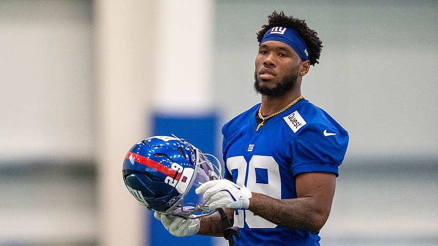 New York Giants running back Tyrone Tracy Jr. (29) walks around during Mandatory Minicamp at Quest Diagnostics Giants Training Center in East Rutherford on Tuesday, June 17, 2025.