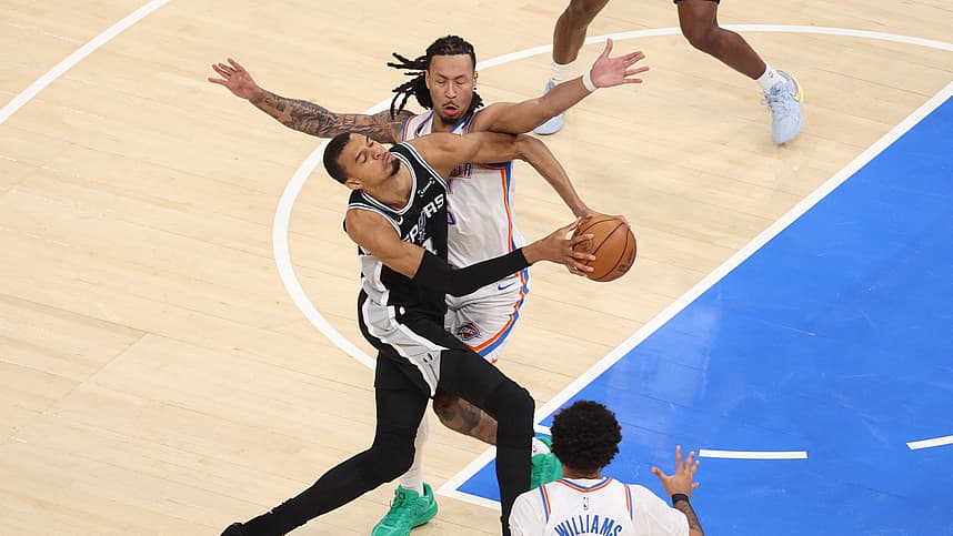 Victor Wembanyama drives against the Thunder during the Western Conference Finals