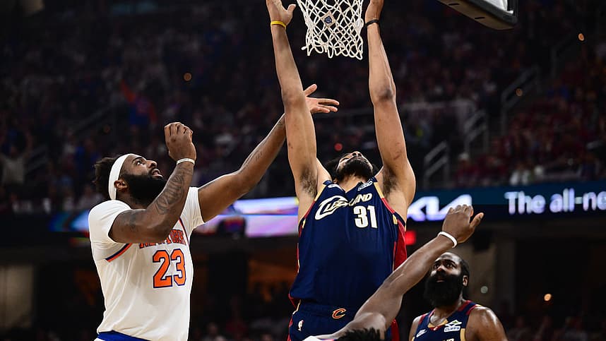 Mitchell Robinson battles for a rebound for the Knicks during the Eastern Conference Finals