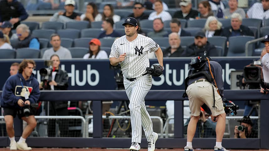 Gerrit Cole runs onto the field before facing the Rays at Yankee Stadium
