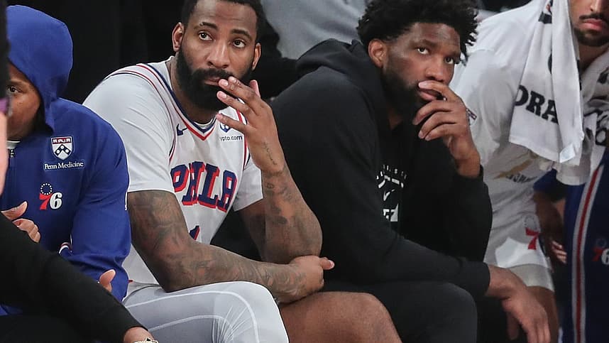 Andre Drummond sits on the bench during a Knicks playoff game