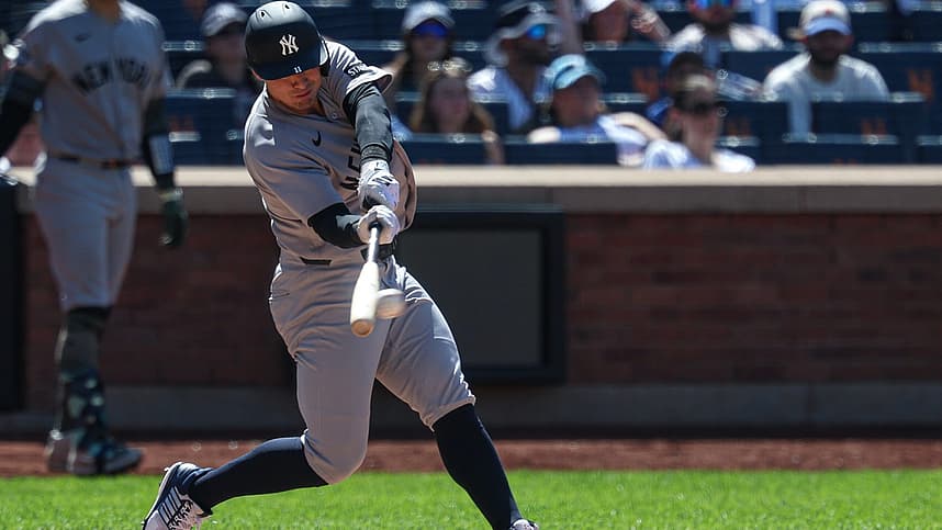 Anthony Volpe batting for the Yankees during the Subway Series