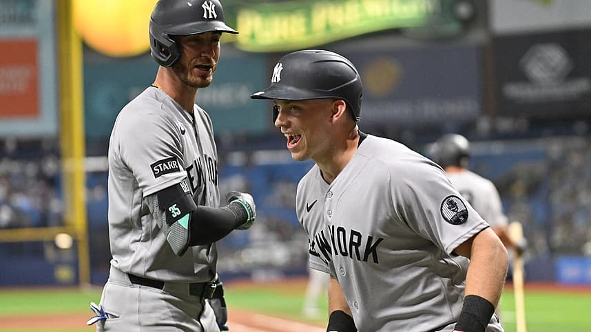 Ben Rice celebrates a home run with Cody Bellinger for the Yankees