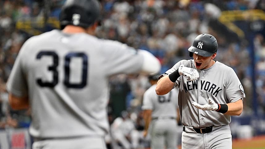 Ben Rice reacts after hitting a home run for the Yankees in Tampa Bay