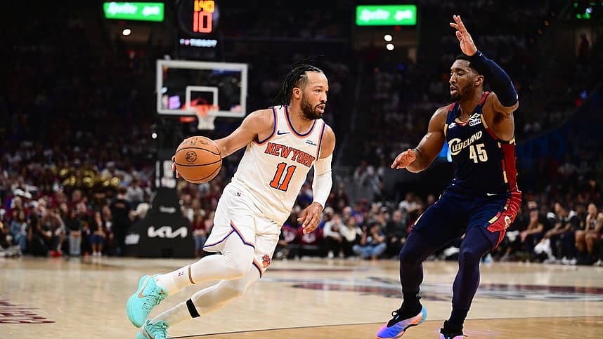 Jalen Brunson attacks Donovan Mitchell during a Knicks playoff matchup