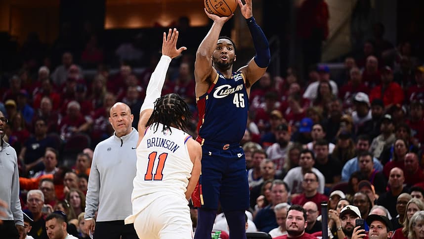 Donovan Mitchell shoots over Jalen Brunson during a Knicks playoff game