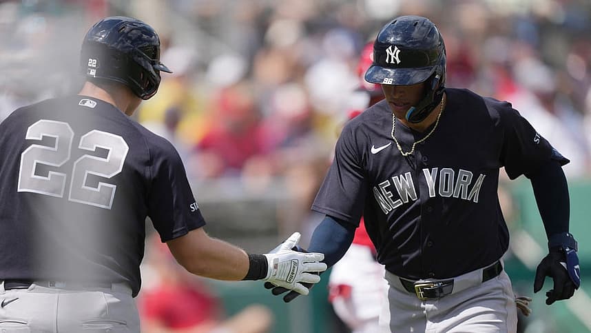 George Lombard Jr. celebrating a home run during a Yankees spring game