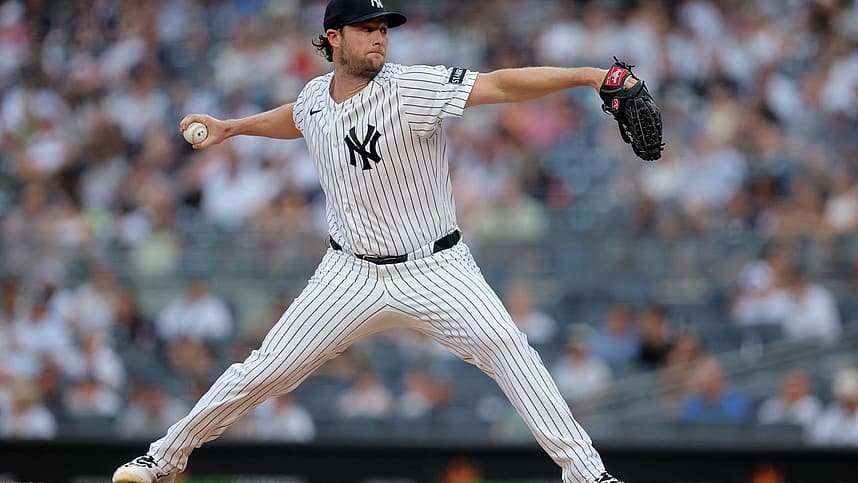 Gerrit Cole pitching for the Yankees at Yankee Stadium