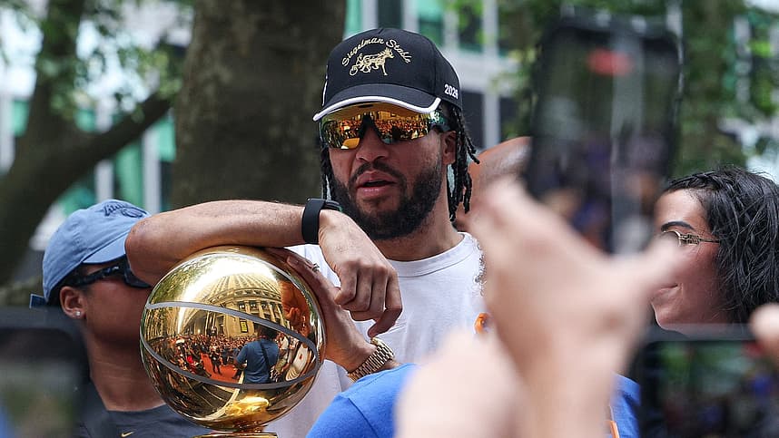 Jalen Brunson celebrating during the Knicks championship parade